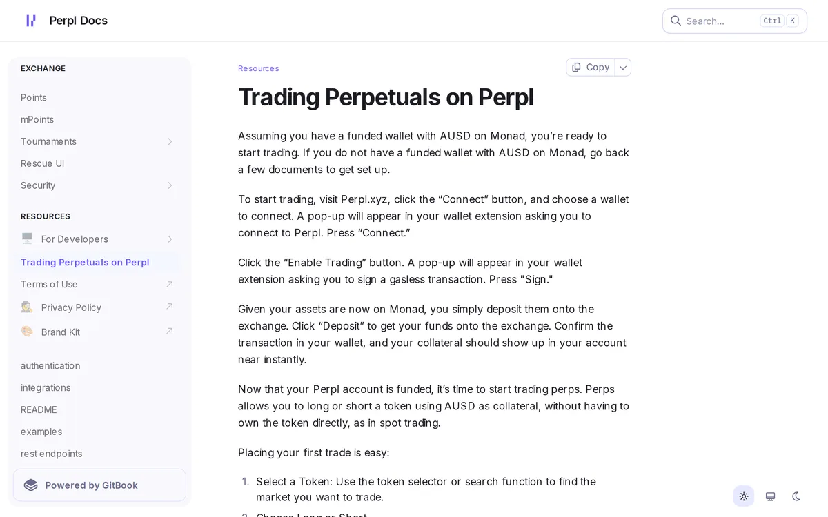 Docs「Trading Perpetuals on Perpl」。Connect → Enable Trading(ガスレス署名)→ Deposit の順に書かれている