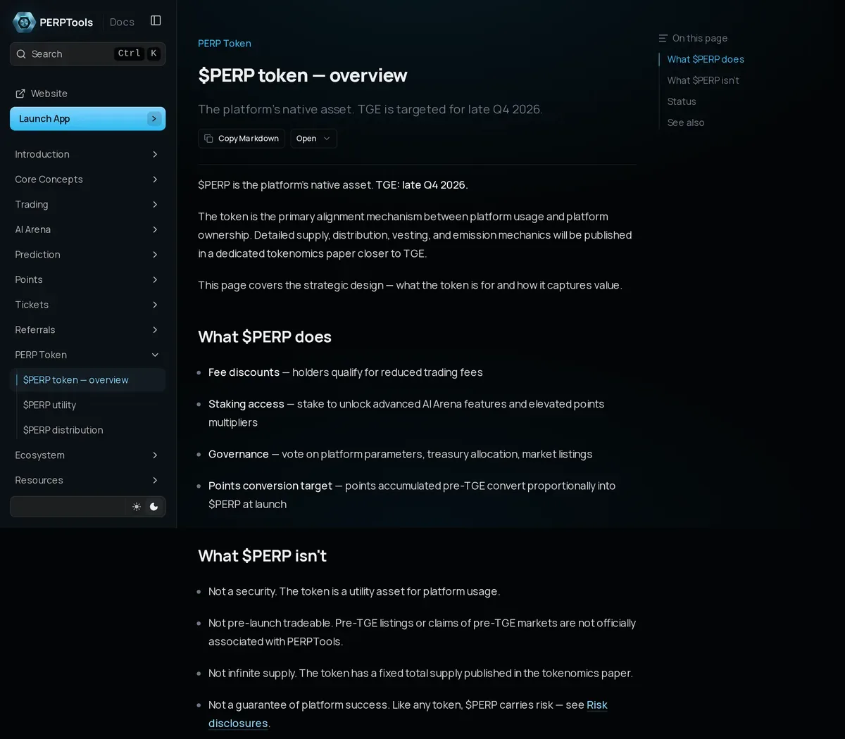 docs の「$PERP token — overview」。TGE は late Q4 2026、ポイントは「convert proportionally into $PERP at launch」とある