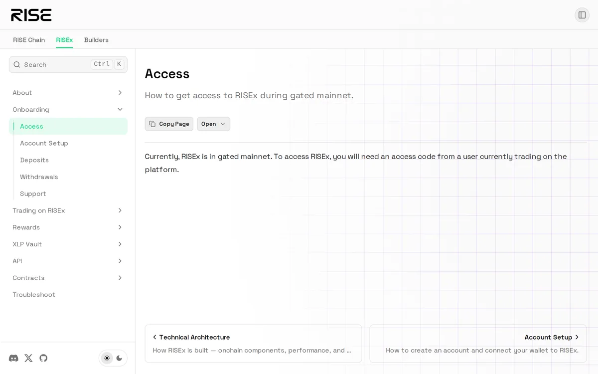 Docs の Access。「Currently, RISEx is in gated mainnet.」から始まる 2 文だけの頁