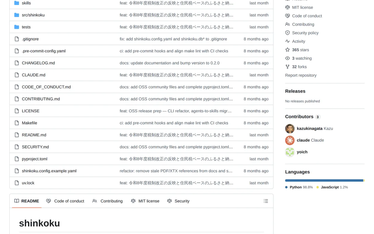 個人開発の OSS「shinkoku」の GitHub。MIT ライセンスで公開されている
