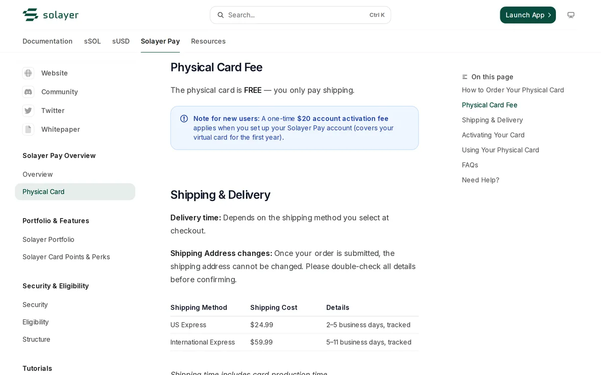 物理カードのページ。カードは無料で、送料は US Express 24.99 ドル・International Express 59.99 ドル