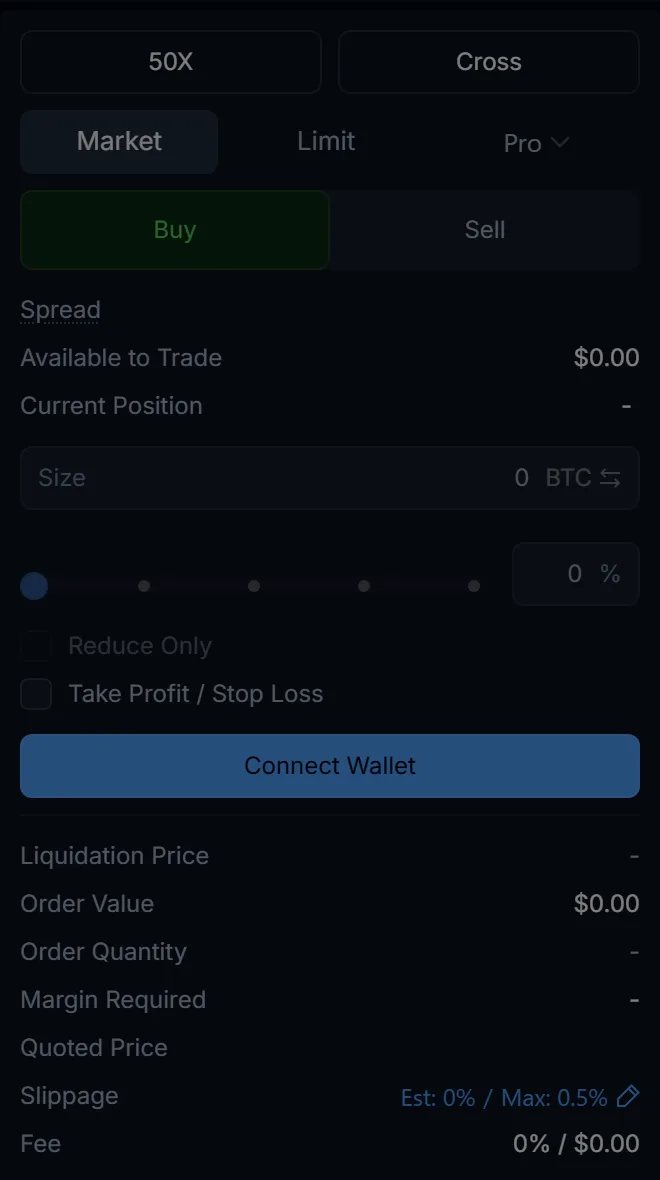 Omni の注文欄(ウォレット接続前)。最大 50X・Cross の表示と、いちばん下の「Fee 0% / $0.00」