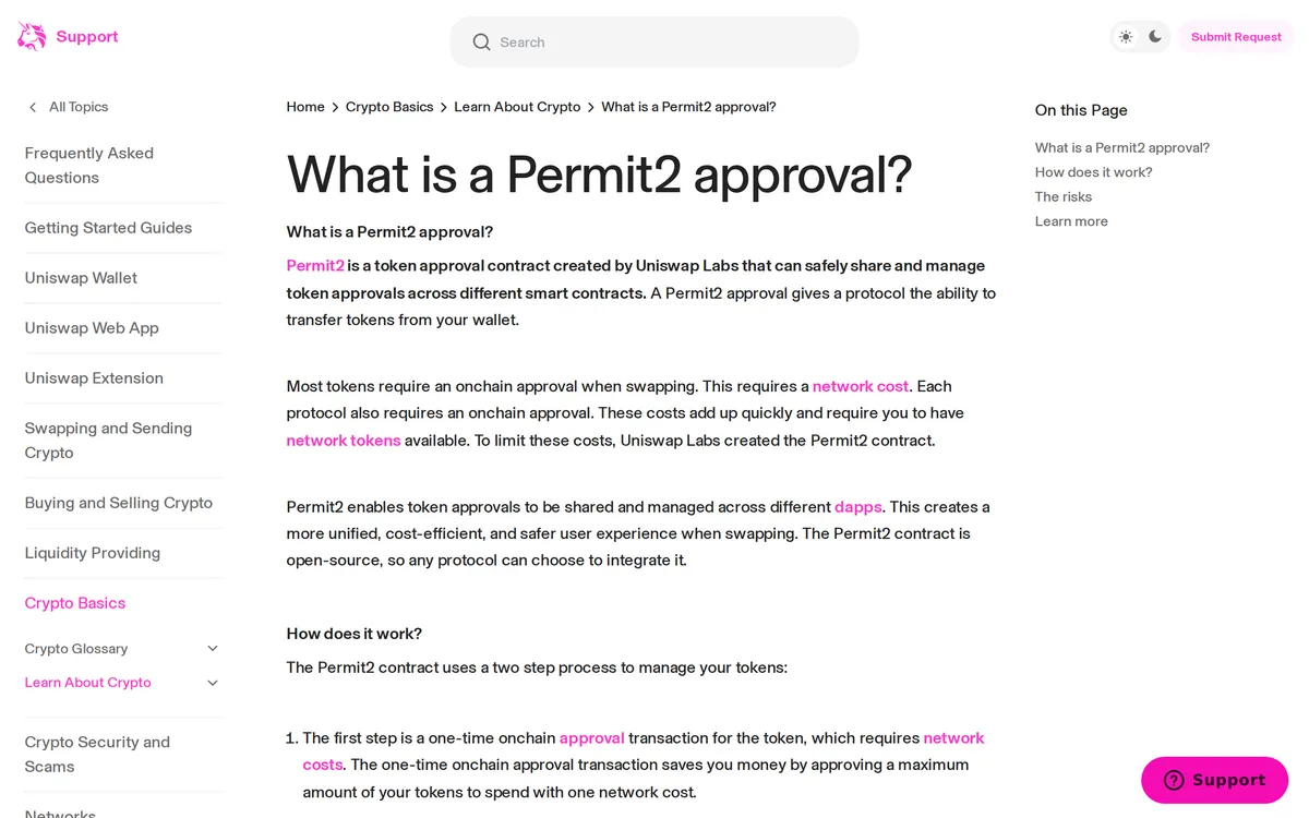 Uniswap サポート「What is a Permit2 approval?」。手順は 2 段階で、1 段目はトークンごとに 1 回のオンチェーン承認、とある