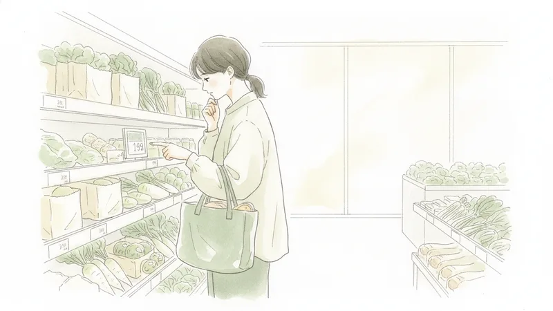A college student choosing groceries at a supermarket