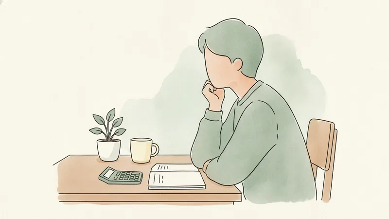 机で電卓とノートを前に支出を考えている大学生