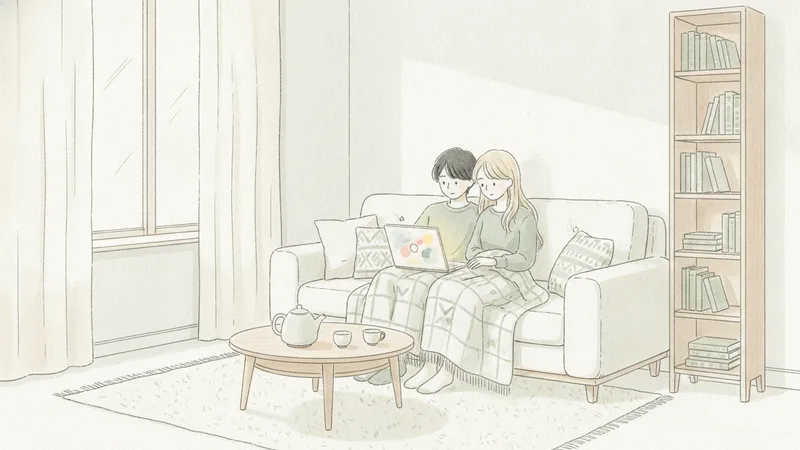 ノートパソコンで動画を観ているカップル