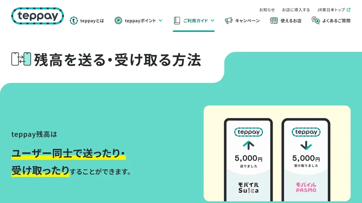 teppay 公式サイト「残高を送る・受け取る方法」の画面。5,000円を送る・受け取るイメージ（モバイル PASMO への対応は 2027 年春の予定）