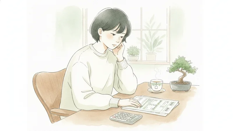 確定申告書類と電卓を前に考え込む学生