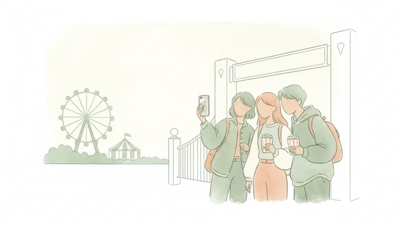 Three friends checking a shared group URL on a phone in front of the park entrance gate