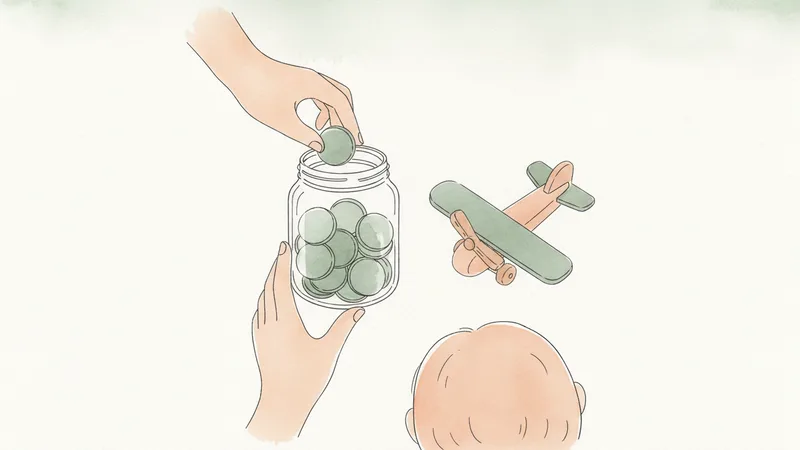 Hands placing coins into a glass jar with a small airplane figurine